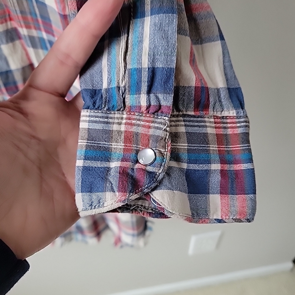 Alessandro Miele Womens Medium Plaid Shirt Dress 3/4 Sleeves Frayed Curved Hem - Picture 8 of 12